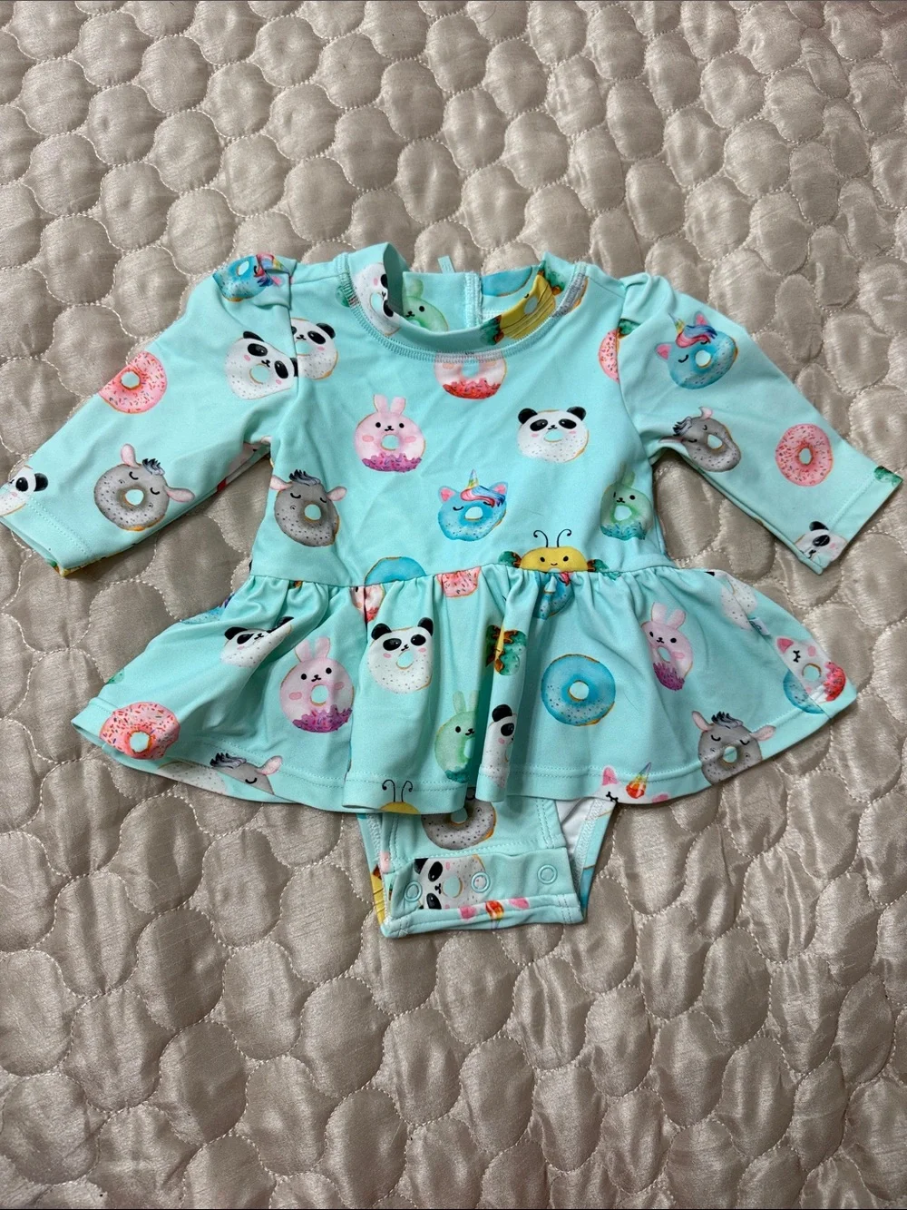 Posh Peanut Aqua Long-Sleeve One-Piece Swim Dress with Animal & Donut Print